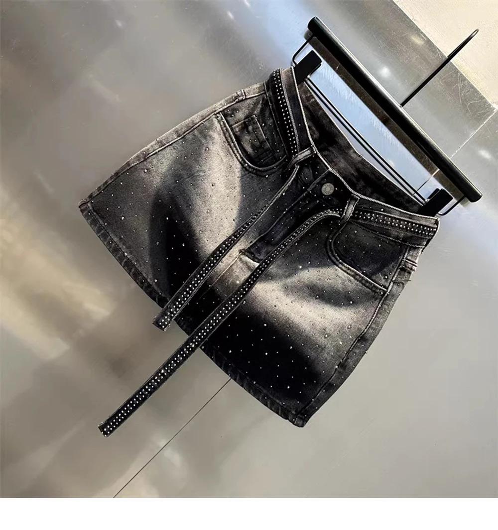 Oversize Retro Diamond Denim Mini Skirt for Women Summer High Waist Shiny Rivet Slim Skirts Gradient Black Grey Jean Skirts, Womenswear Bottom Palda Basic Minimalist