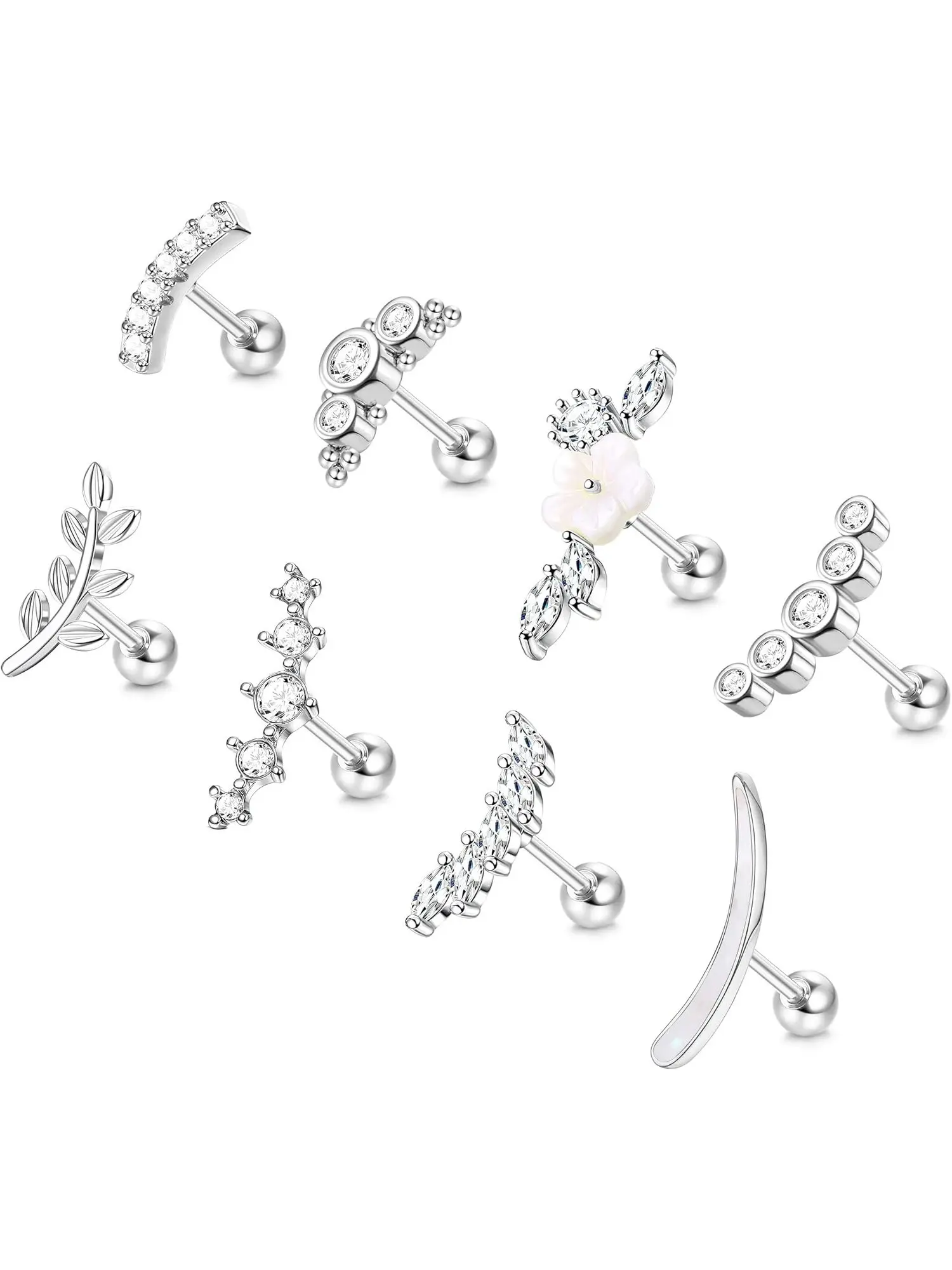 8 Pcs Helix Piercing Jewellery 16G Surgical Steel Cartilage Earrings Set CZ Leaf Flower Bar Earrings For Top Of Ear Tragus Earrings Stud For Women Conch Tragus Piercing Jewellery