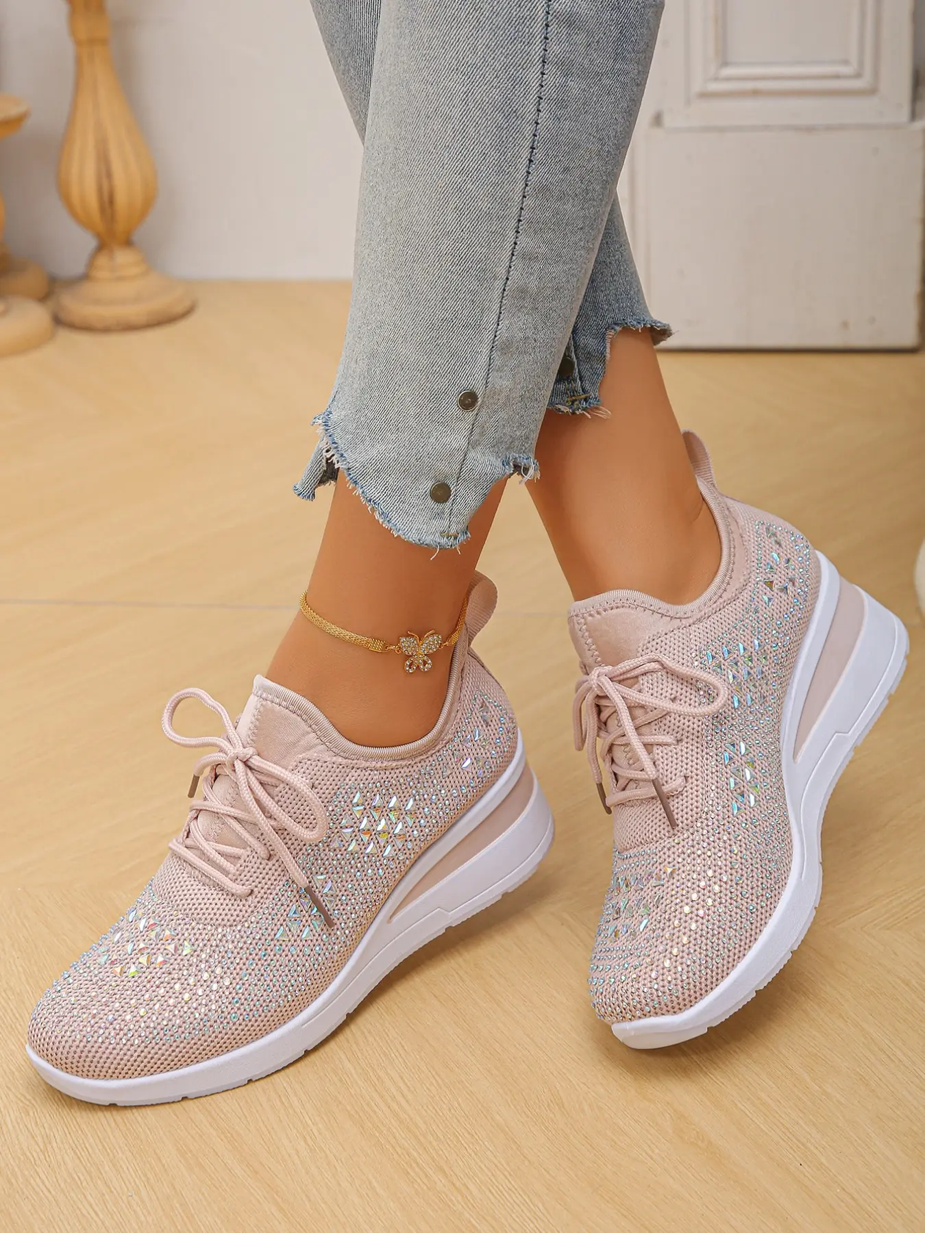 Fashion Sparkling Rhinestone Women Wedge Sneakers, Knit Fabric Lace Up Closed Toe Platform Shoes, Stylish Casual Walking Footwear for Daily Street Outfits