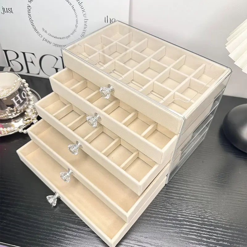 High-grade velvet overhead five-layer transparent rhinestone jewelry desktop storage box, no need to install ring bracelet anklet necklace, jewelry box.