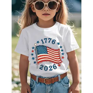 Girls' USA Flag 1776-2026 T-Shirt | 250 Years Semiquincentennial Celebration | Stretchy Breathable Short Sleeve Top with Stars & Flag Print | Round Neck Casual Summer Outfits for Kids & (Ages 3-16) | Perfect Gift for