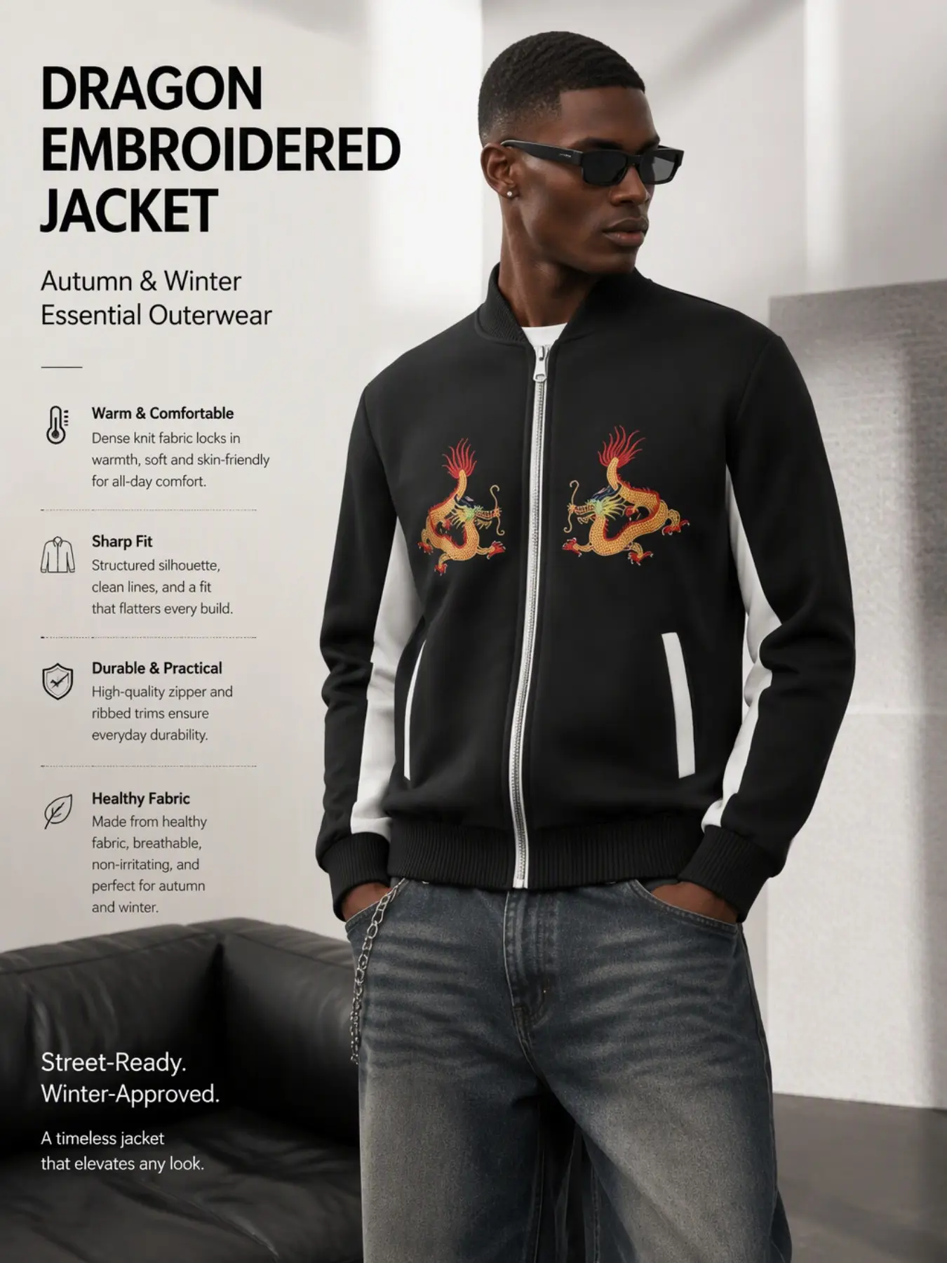 Men's Dragon Embroidery Zipper Baseball Jacket, Oriental Pattern Windproof Jacket, Colorblock Stripes Fall Winter Streetwear Coat