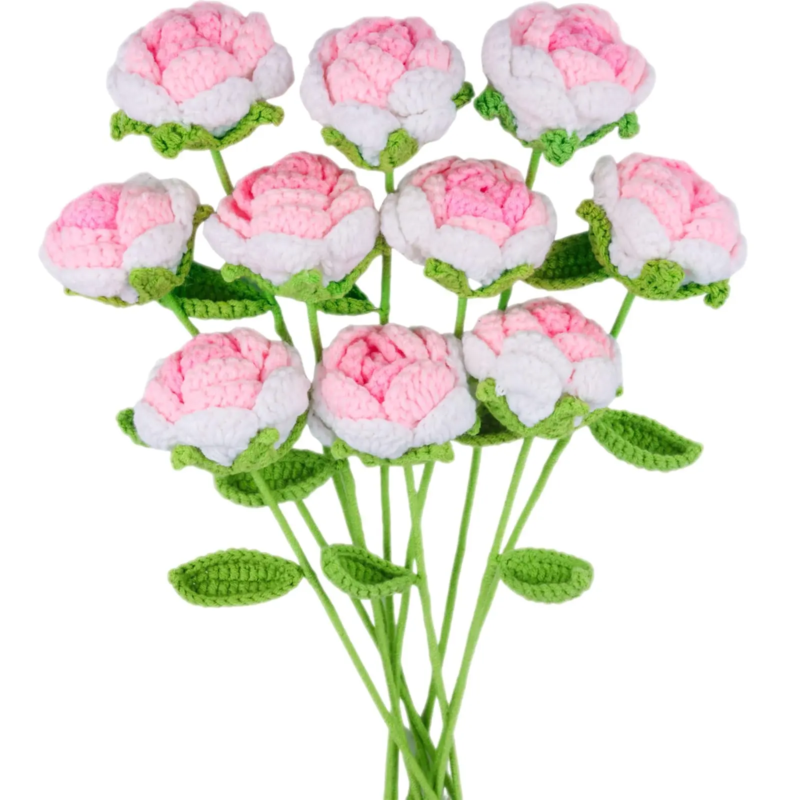 10-Piece Milk Cotton Hand-Crocheted Pink-White Rose Decorative Bouquet, Maintenance-Free Pollen-Free Home Decor for Daily Use, Carnival, Music Festival, Casual Gifting, Juneteenth Universal Gift