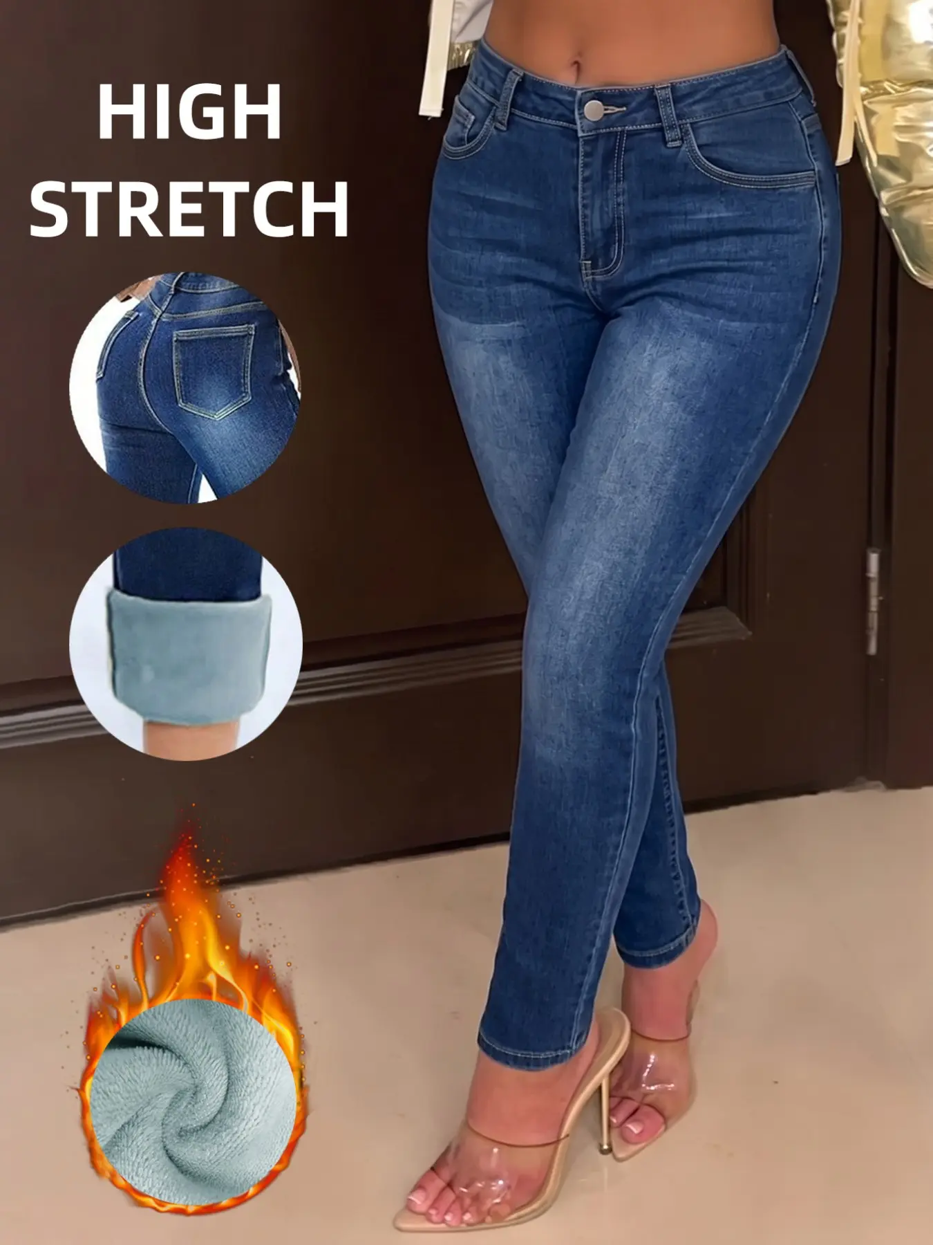 Women's High Waist Slim Fit Denim Jeans, Dark Blue Washed Fleece Lined, Comfortable & Stylish for Fall/winter Wear