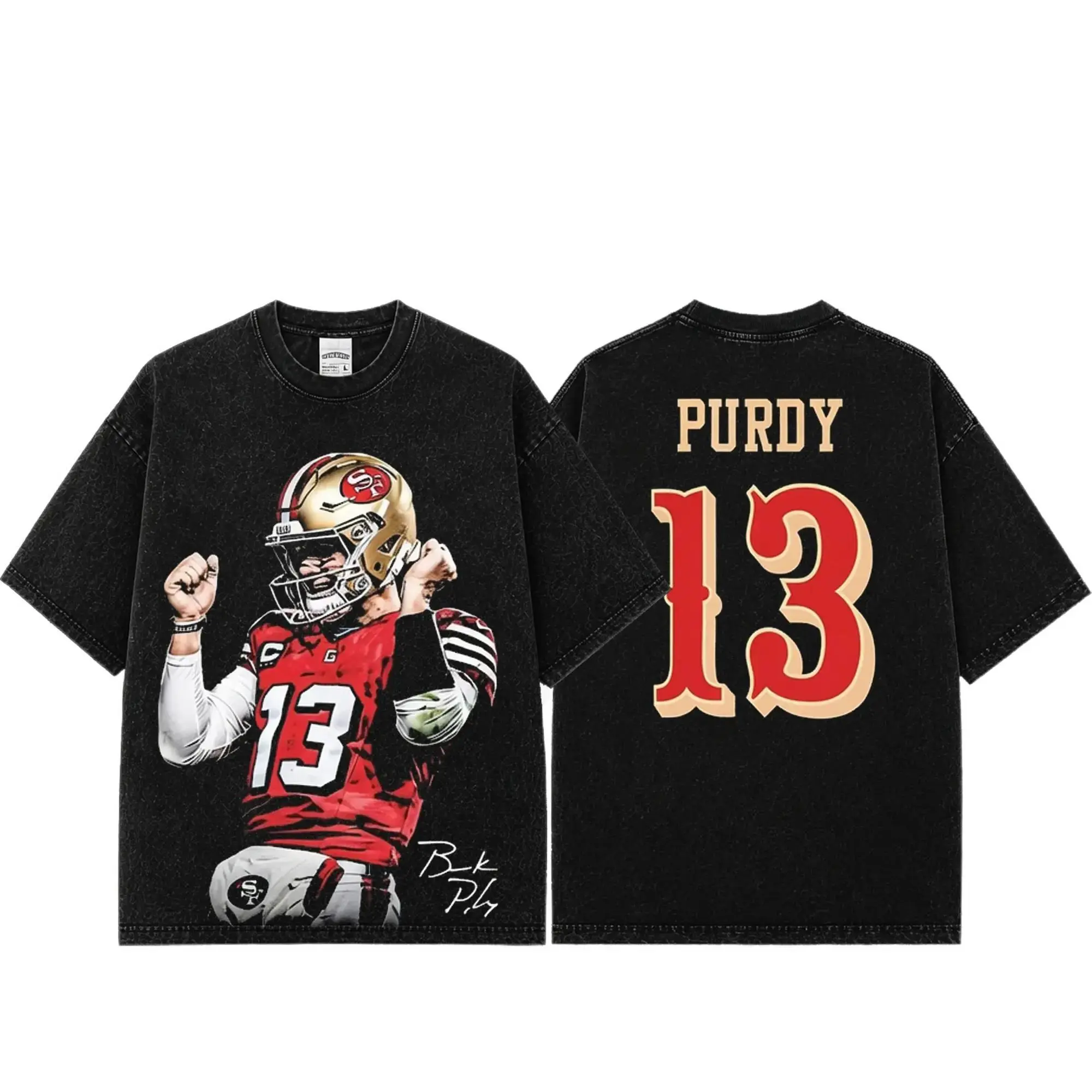 [Sale Up To 50%] Unisex Brock Purdy # 13 Premium Acid Washed Cotton T-Shirt, Bay Area Football Fan Graphic Tee, Vintage Heavyweight Game Day Shirt, Unisex Washed Streetwear Gift