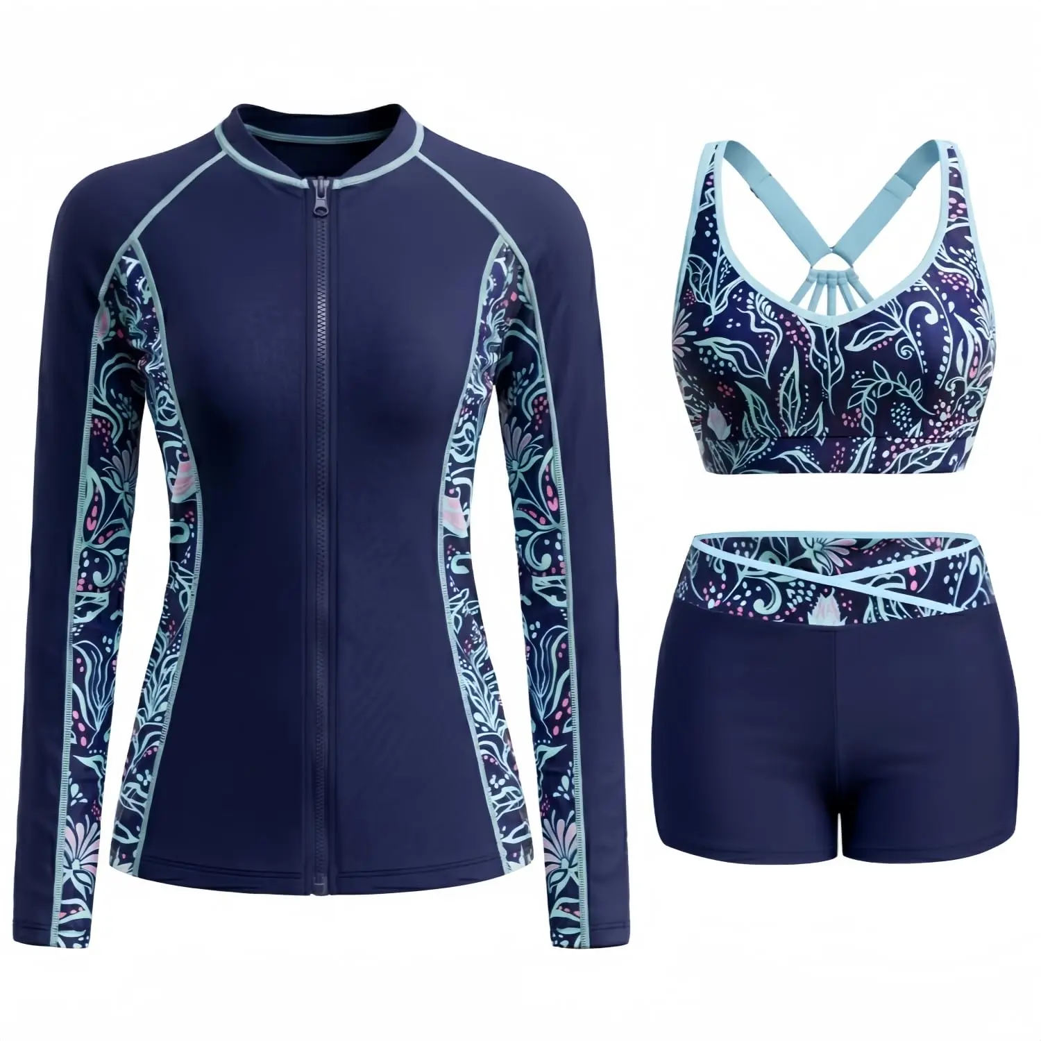 Daci Women Three Piece Rash Guard - Long Sleeve Zip Up Swim Shirt with Sports Bra and Shorts UPF 50+ Modest Swimuits