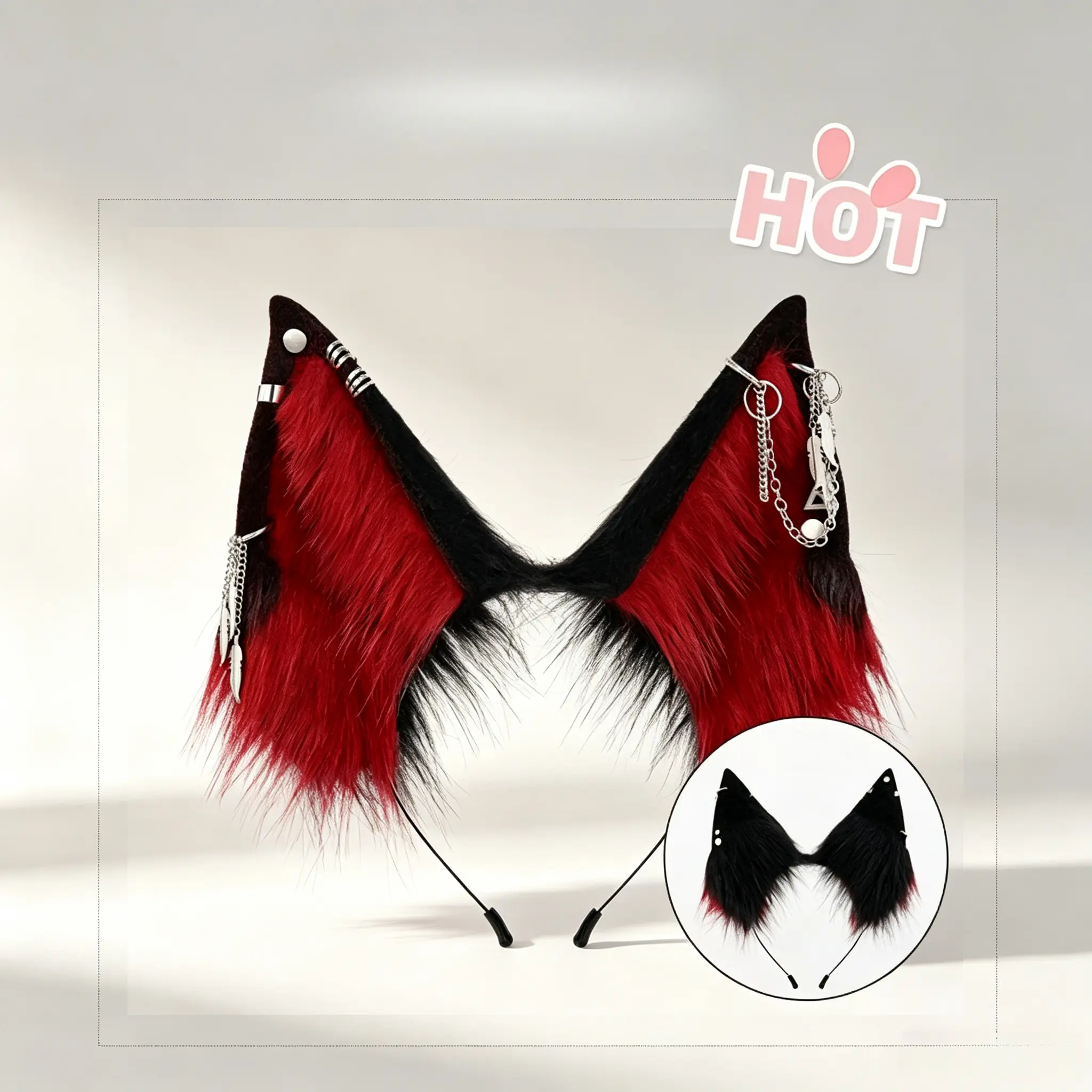 Fluffy Fox Ears Headband with Chain – Gothic Punk Faux Fur Cosplay Accessory for Halloween & Festivals,Handmade cosplay hair accessories, unisex; adorable animal ear designs, a perfect gift choice.