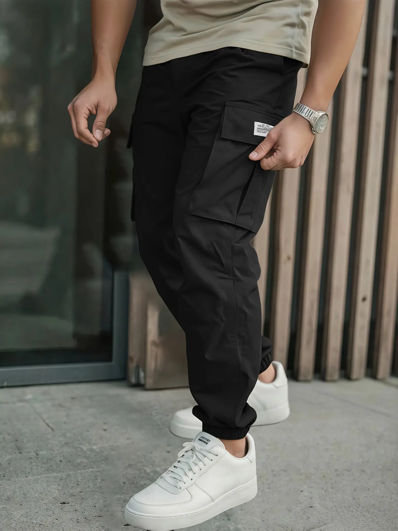 Men's Autumn Plain Slim-Fit Pants, Multi-Pocket Sporty Outdoor Leisure Trousers, Elastic Waist Hiking Travel Long Pants, Casual Workwear