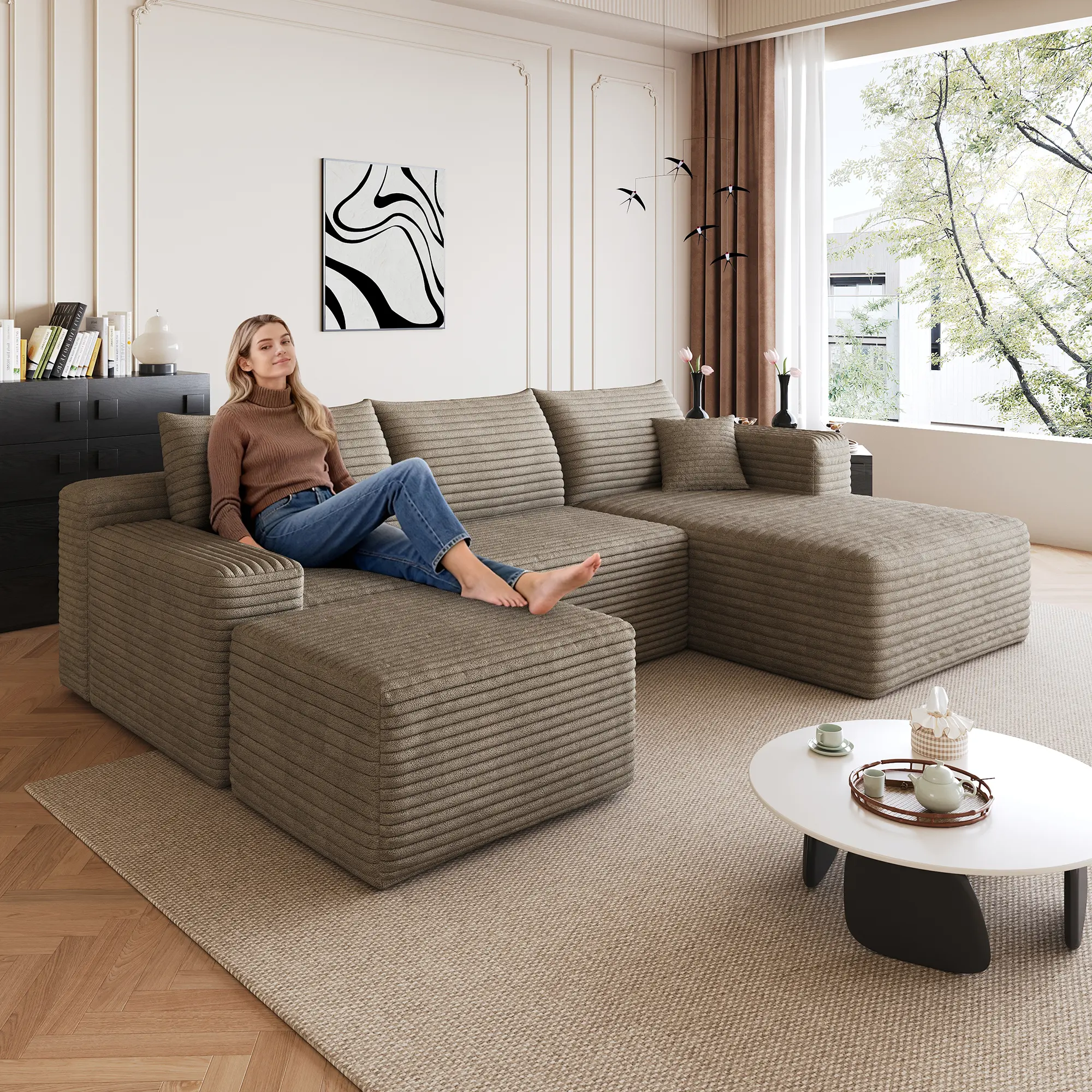 ARCH 95" Cloud Sectional Sofa with Ottoman, Modern Minimalist Upholstered Couch, U Shaped Deep Seat Corner Sofa for Living Room, Plush Corduroy Fabric, Camel, No Assembly Required, Living Room Furniture for Apartment, Lounge, Family Room