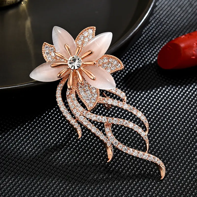 Women's Korean Fashion Floral Brooch - Floral Motif Pin with Synthetic Stones, Sparkling Zircon & Cat's Eye Stone, Elegant Coat Accessory