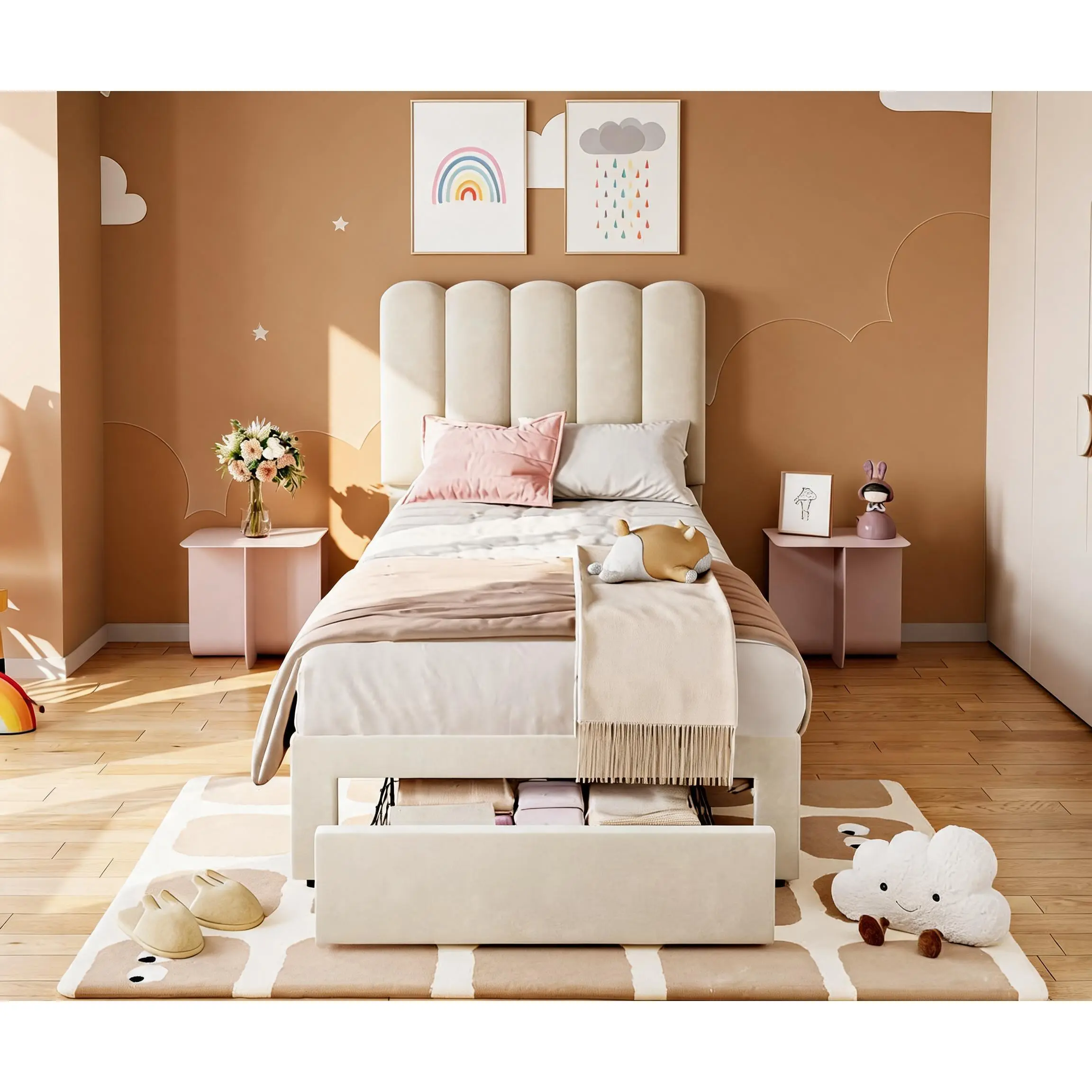 Twin Bed Frame with Storage Drawer & Headboard, Velvet Upholstered Twin Platform Bed, Strong Wooden Slats, Noise-Free, Easy Assembly, Beige