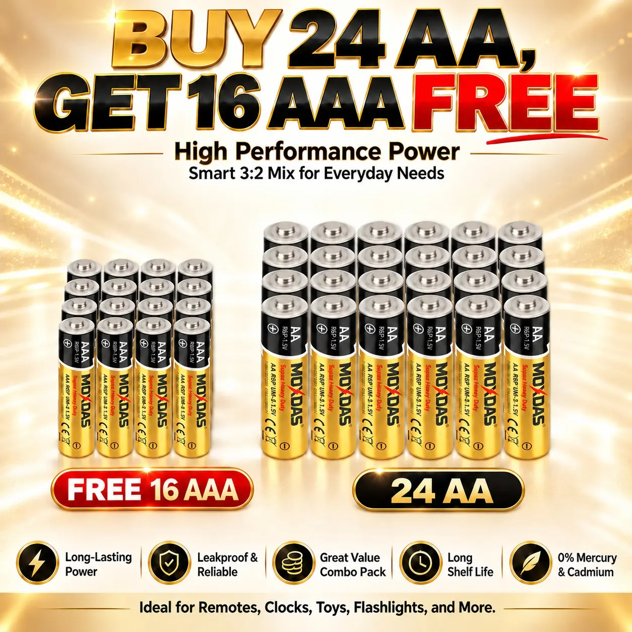 MOXDAS 24 Pack AA Batteries And 16 AAA Batteries FREE (24 AA + 16 AAA, 40 Count Total), 1.5V High Performance Super Heavy Duty Alkaline Batteries, High Capacity, Long-Lasting Power, Smart 3:2 Mix, Great Value for Toys, Remotes, Clocks, Flashlights