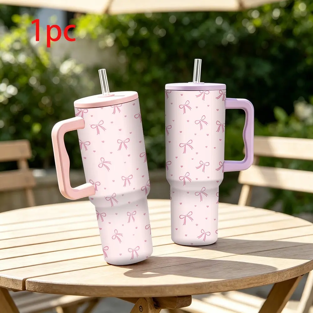 40oz Stainless Steel Insulated Vacuum Drinkware Coffee Cup, Cute Bow Heart Print, Handle Straw Lid, Outdoor Hiking Picnic Gift, Mother's Day Teacher's Day Halloween Christmas, Insulated Tumbler Mug