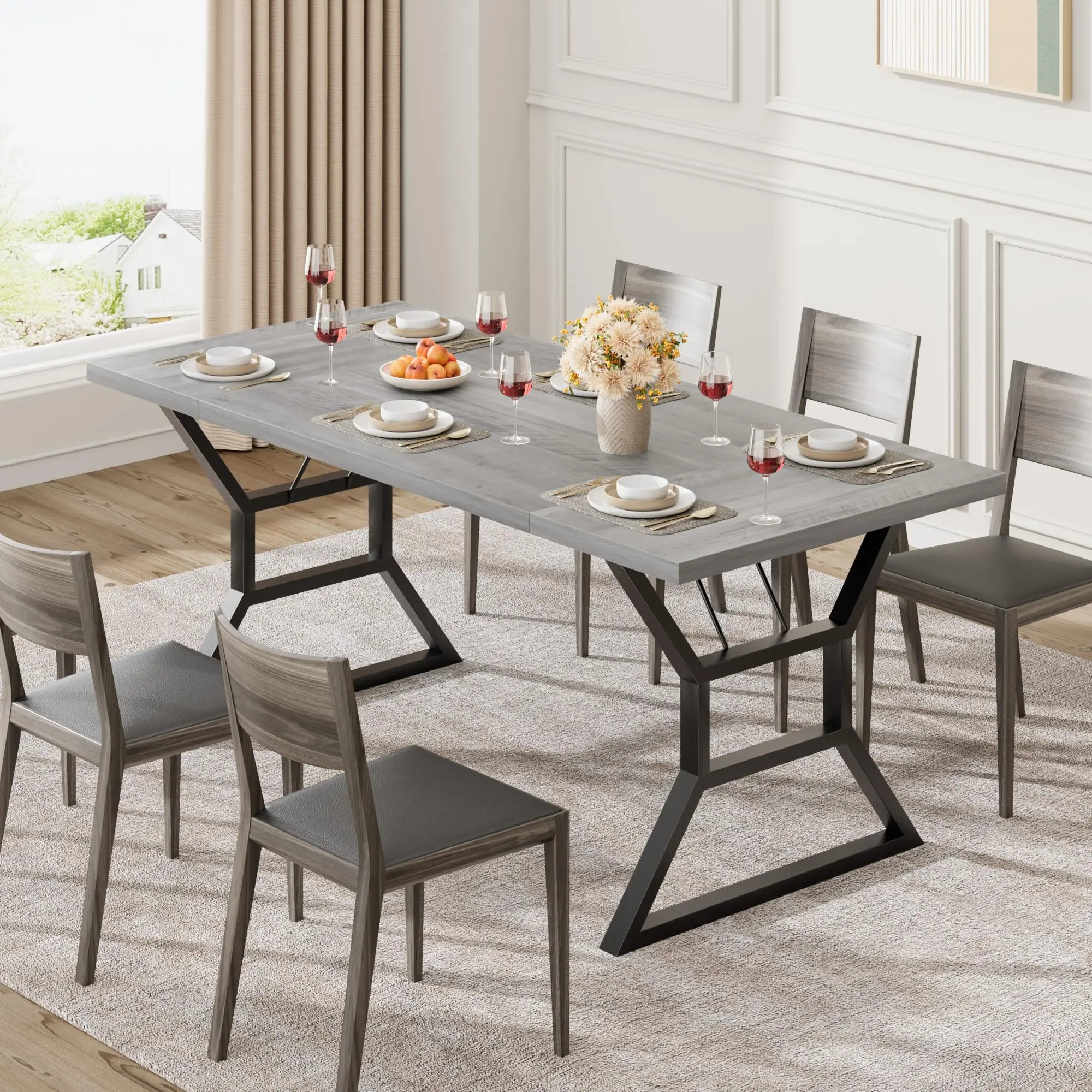 Garvee 70.9 in Large Dining Room Table for 6, Rectangular Kitchen Table with Heavy Duty Metal Legs, Farmhouse Wooden Dining Table for Big Family (Grey)