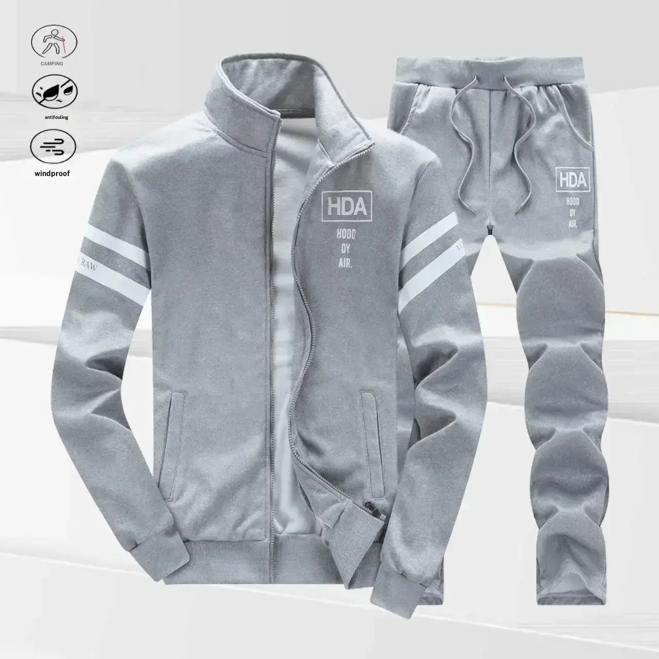 Men's Casual 2-Piece Set - Fitted Mock Neck Longsleeves Top with Striped Sleeves and Graphic Print, Paired with Logo Pants, Normal Type, Chest Print