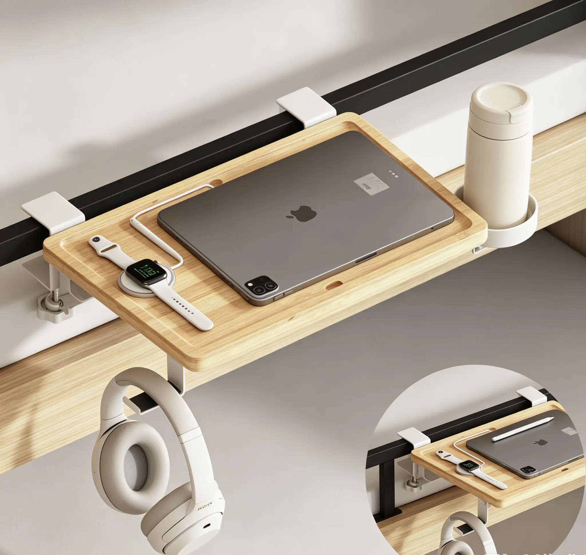 Back to School Clip-On Foldable Bamboo Bedside Shelf No Drill Bed Side Tray with Cup Holder & Headphone Hooks for Dorm Bunk Beds College Students & Apartment Renters