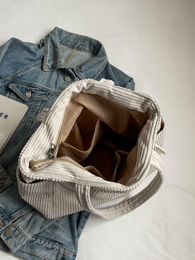 American Minimalist Corduroy Large Capacity Tote, Zipper Side Pocket, Versatile Daily Bag for Work & School