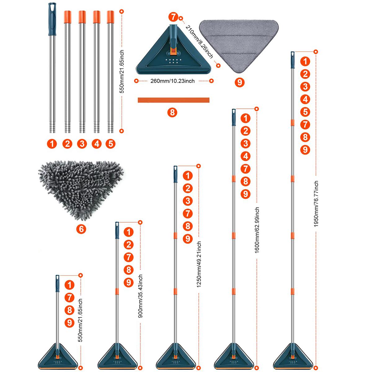 Long Handle Wall Cleaner Adjustable Length Wall Mop 360 °       Spinning Head Floor Wall Washing Cleaning Tool for Walls Ceiling Fans Floors Baseboards Dust Kitchen General Purpose, 6 Replacement Pads and 1 Silicone Squeegee