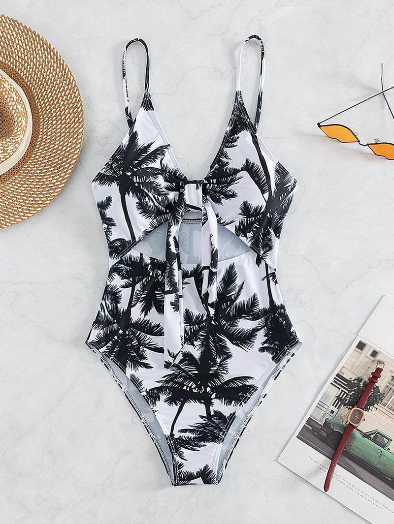 Women's Summer Beach Palm Tree Print Knot Front One Piece Swimsuit High Waisted Bathing Suit, Plants Print Swimsuit, Leaf Print Swimsuit