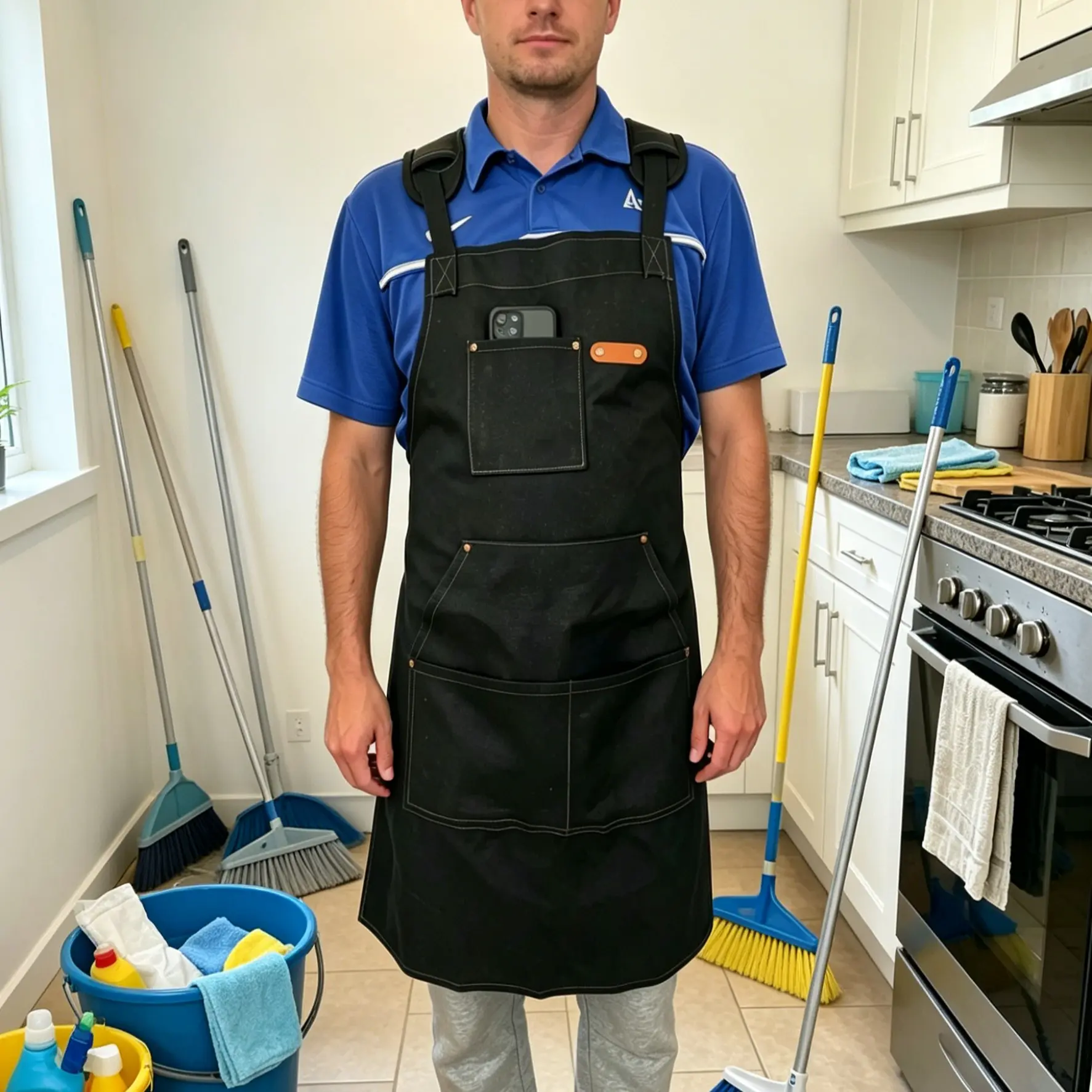 Denim Apron with Phone Pockets, Pocketed Aprons, Ideal for Household Cleaning & Workshop Workwear, Durable Design for Daily Use