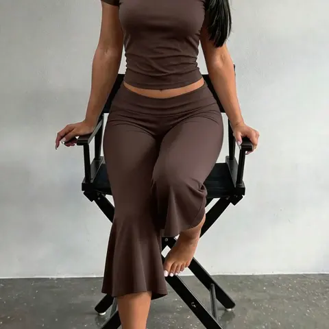 Lw Home Solid Color Short Sleeve and Wide Leg Pants Set, Elastic Comfortable, Casual Home Wear, All Seasons, Slim-Fitting