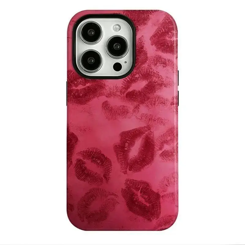 Vintage Red Lip Print Gradient Pink Phone Case for iPhone11 12 13 14 15 16 17 18 Hard PC Matte Anti-fingerprint Anti-scratch Shockproof Protective Cover Romantic Kiss Mark Y2K Hot Girl Aesthetic Trendy Phone Shell for Women Dating Daily Matching