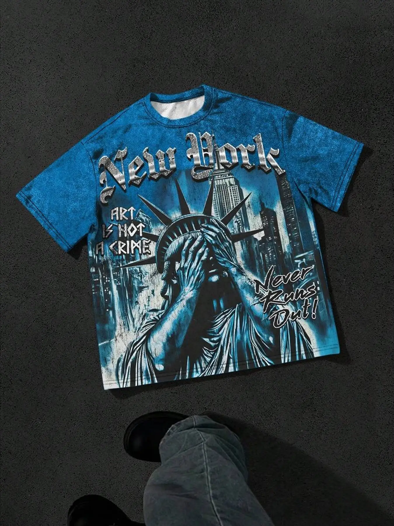 Men's Washed Faded Blue Liberty Statue of Liberty Print Short Sleeve T Shirt Casual Vintage Streetwear Fitted Spring Fall