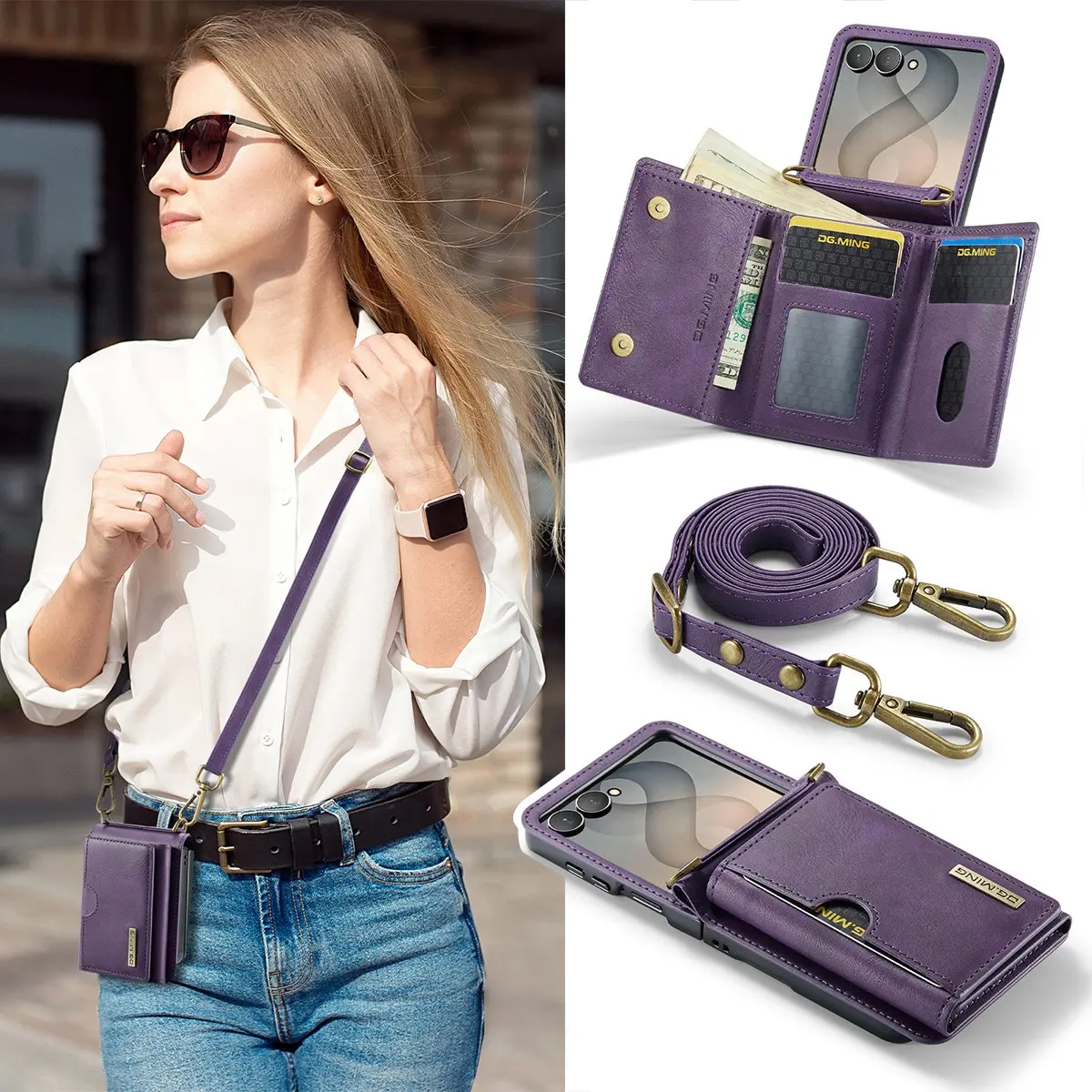 Crossbody Case Compatible with Samsung Galaxy Z Flip 8 7 6 , Retro PU Leather Strap Wristlet Flip Case with Trifold Card Holder Wallet for Men Women