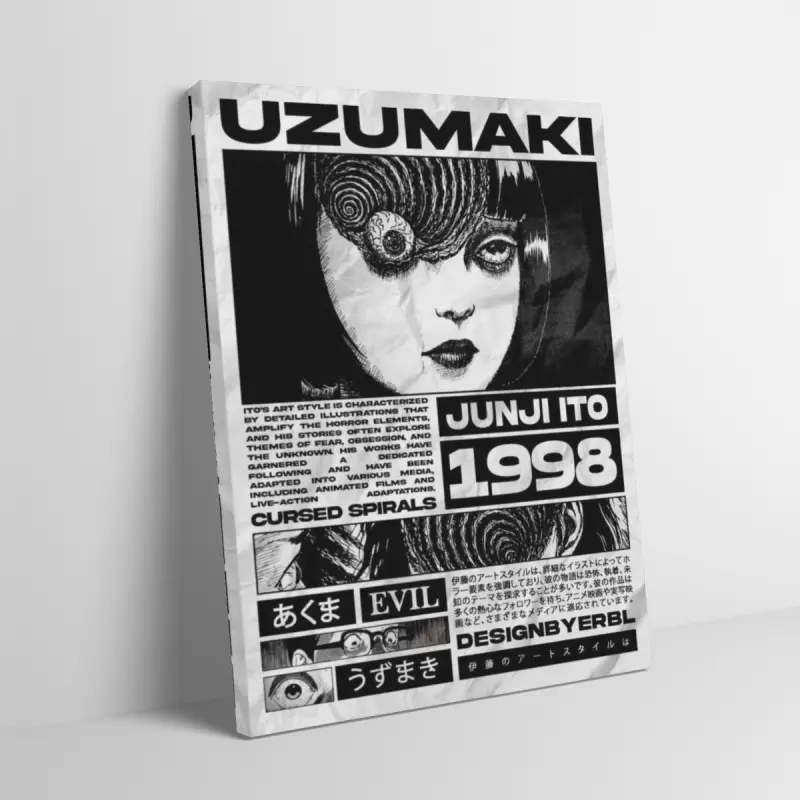 Junji Ito Uzumaki Horror Anime Framed Canvas Wall Art for Adult Fans, Mid-century Modern Black Flash Manga Wall, Y2K Y3K Aesthetic Room Decor, 1980s Retro Cinematic Bedroom Poster for Grunge Gen Z Goths, Graphic Prints