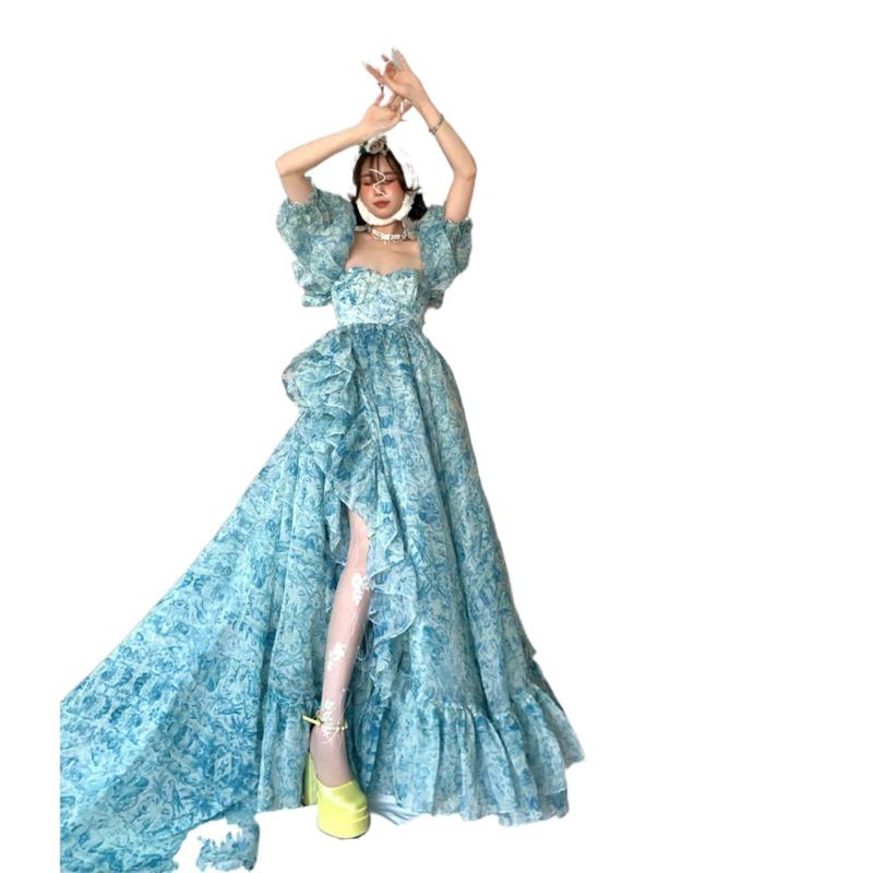 Puff Sleeve Dress French Style Puffy Dress Irregular Ruffle Princess Fairy Forest Floral Dress Birthday Gown