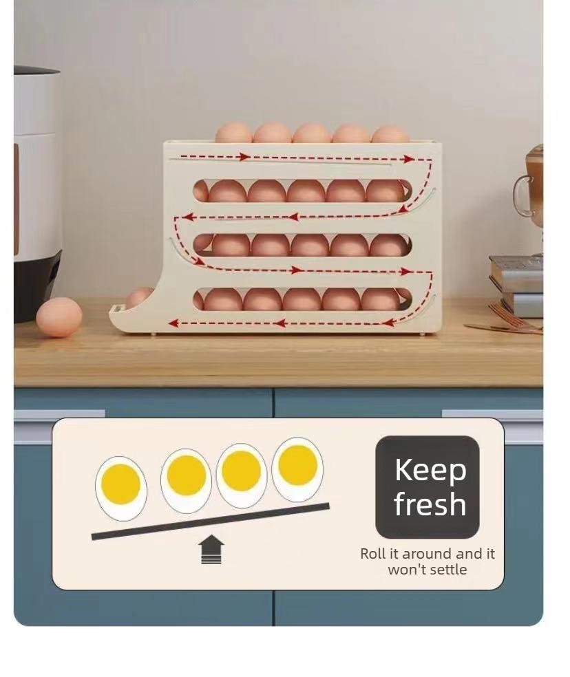 Rolling Egg Storage Box for Refrigerator, Household Egg Holder, Automatic Sliding Tray Egg Preservation Organizer