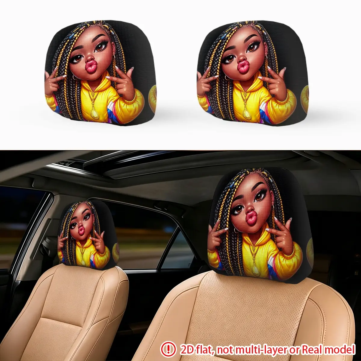 2pcs hip-hop style cartoon girl car seat pillowcase, car head pillowcase, stylish and durable design, creative car decoration gift, Car Accessories