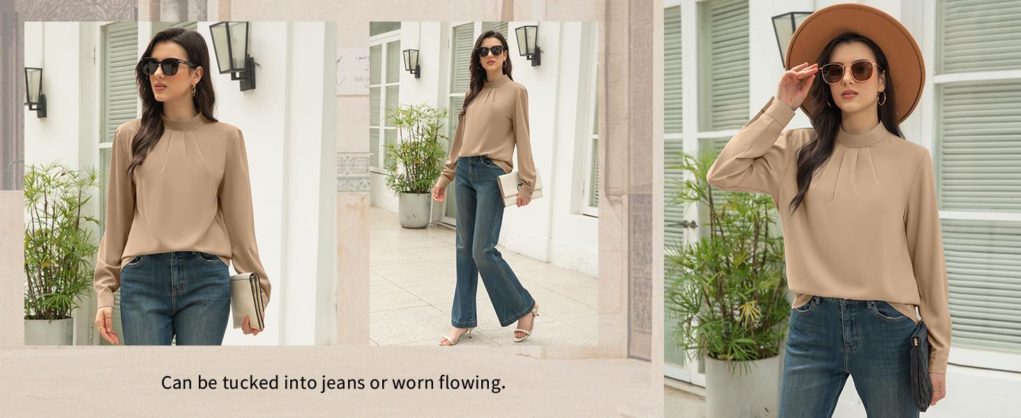 Women's Long Sleeve Chiffon Blouse - Mock Neck, Front Pleated, Fall Trendy Tunic - Soft Fabric, Elegant Design, All Match, Various Occasions, Stand Collar, Multiple Colors plus size fashion #Springfresh