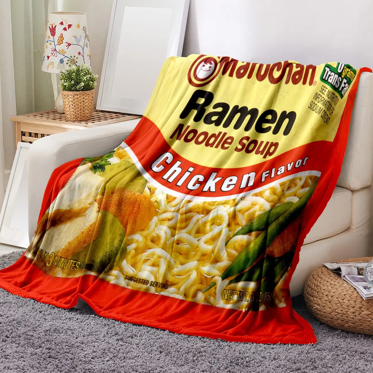 Soft Flannel Blanket with Chicken Noodle Pattern, Cozy Lounge Throw for Sofa Bed, Warm Lightweight Cover for Home Office Camping