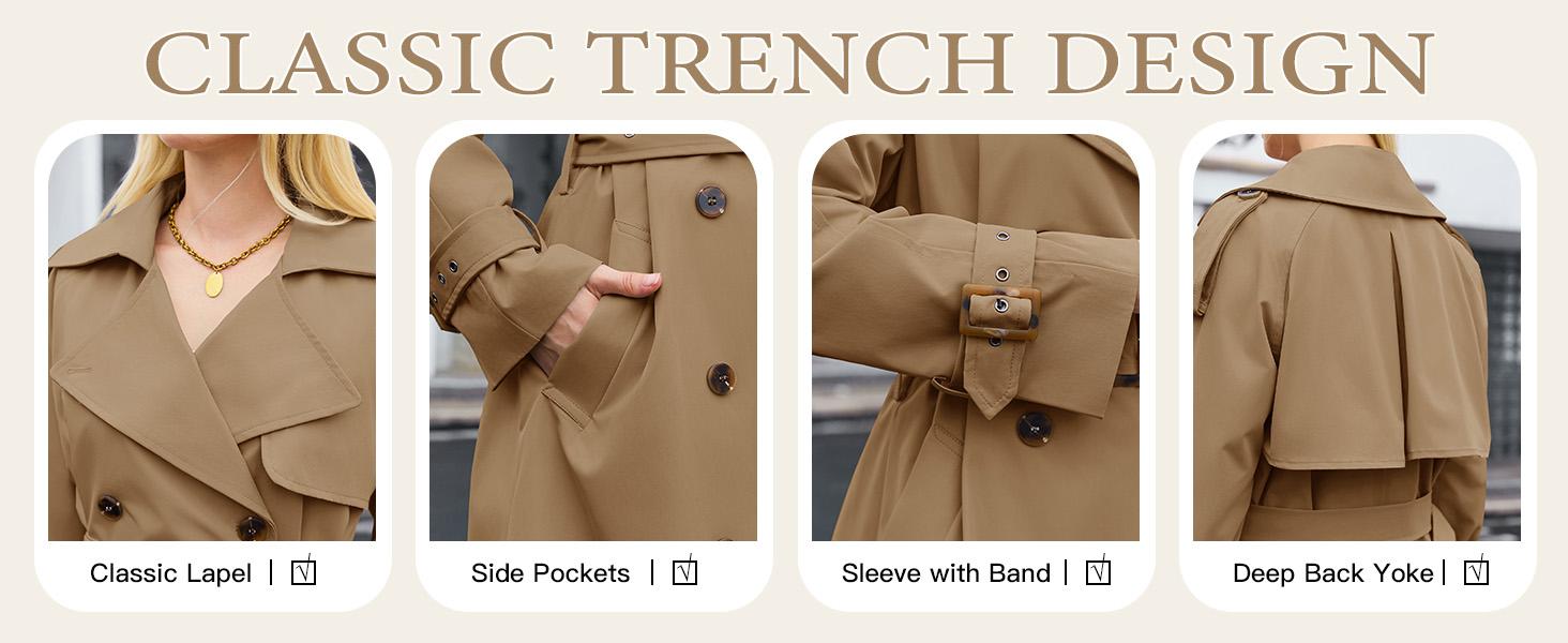 FMEYOA Womens Long Trench Coat Double Breasted Classic Lapel Fall Overcoat with Belt J7K066