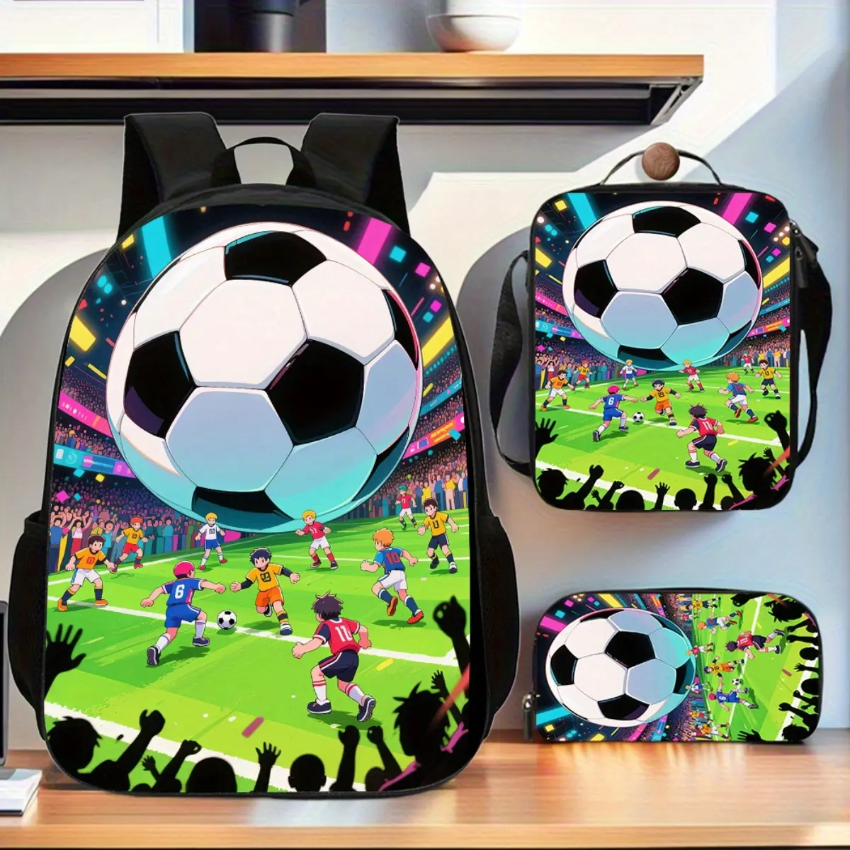 Football 3pcs Set New Trend Backpack, Features Spacious Casual Double Shoulder Bag, Pencil Case, And Lunch Container, Ideal for Daily Commute, Perfect Gift for Friends, Birthday Surprise
