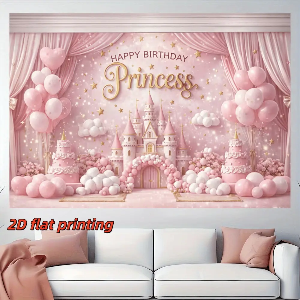2D Flat Banner 1pc Pink Curtain Castle Princess Birthday Backdrop, Sweet cake balloon floral print, great for birthday celebration shooting and party layout, polyester material