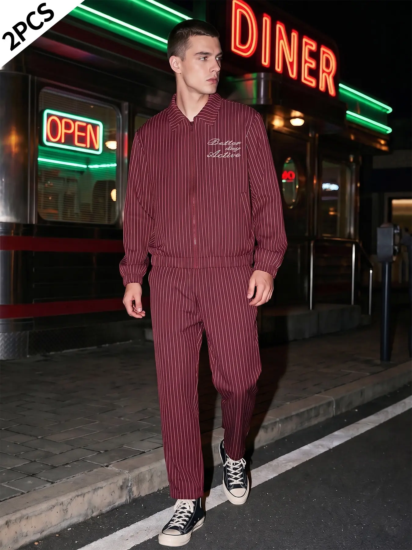 Men's Burgundy Striped Two-Piece Set, Zipper Stand Collar Long Sleeve Jacket and Drawstring Pants, Casual Streetwear, Fashionable Men's Clothing