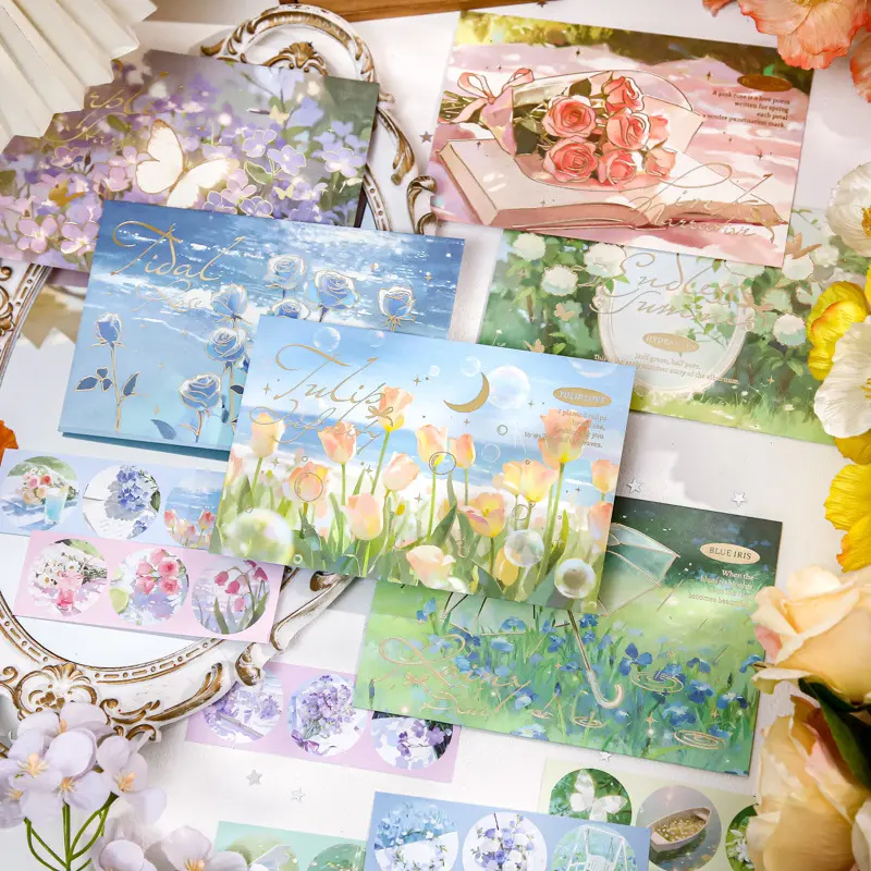 Hot Stamping Envelopes & Letter Paper Set - Romantic Floral Scenery with Gold Foil, for Student Messages, Travel Souvenirs, Mailing Letters & Stationery