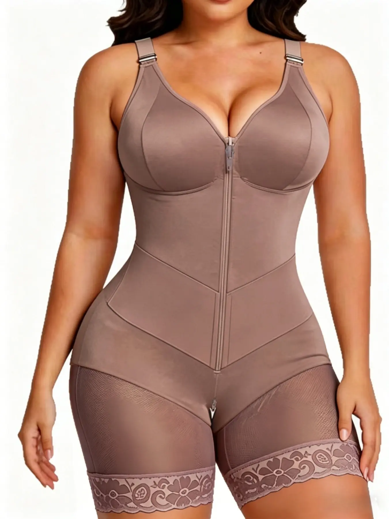 1 Count Women's Lace Trim Body Shaper, Colombian Shapewear, Fajas, Zipper Body Shaperwear, Adjustable Shoulder Strap Shapewear Bodysuit, Zipper Closure Jumpsuit, Breathable Bodysuit, Butt Lifting & Tummy Control Shapewear, Abdomen Control Bodysuit