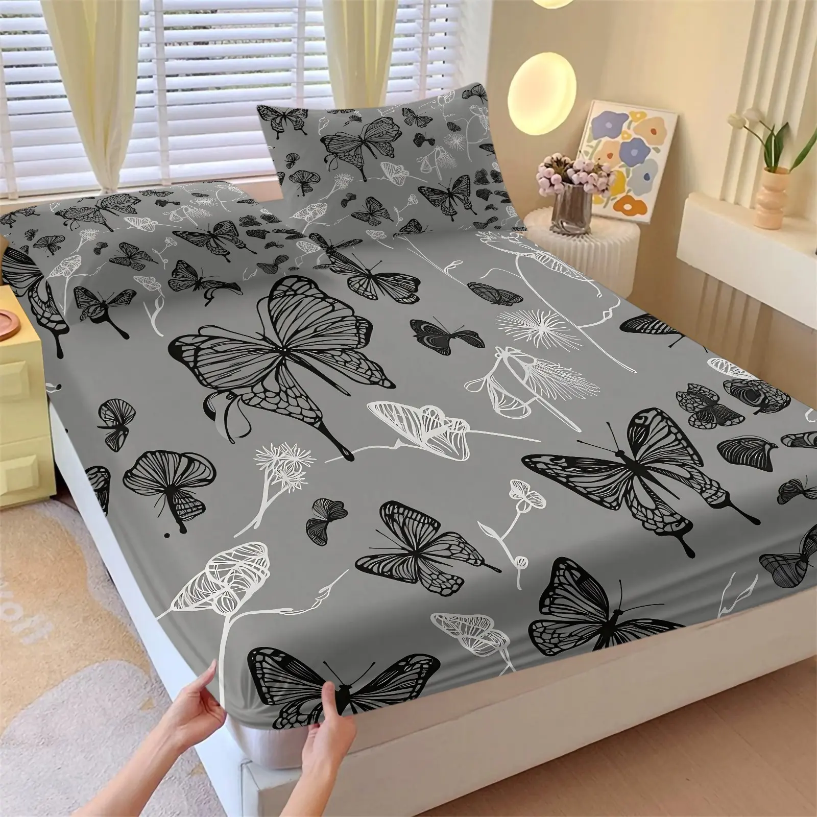 Grey-Toned Line Drawing Butterfly Theme Fitted Sheet Set and 2 Coreless Pillowcases-Low Saturation Color with Simple Lines- Non-Slip Deep Pockets Mattress Protector-Premium Relaxed Bedding for Bedroom Decor
