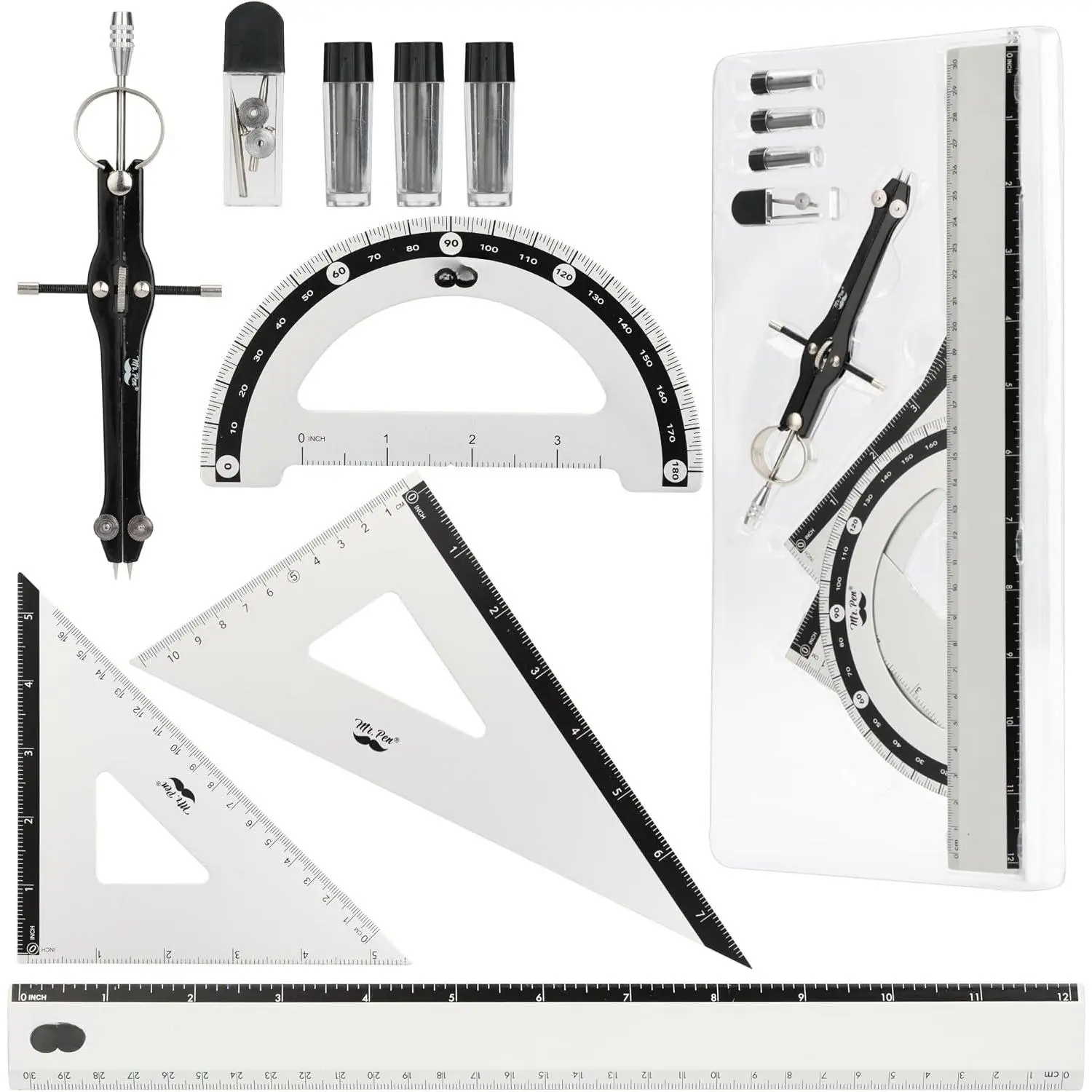 - Metal Geometry Set, 9 count, Compass, 6" Protractor, 12" Ruler | 45° & 30°/60° Set Squares, Lead Refills, Metal Drafting Tools for Technical Drawing, Math, Engineering & Architecture