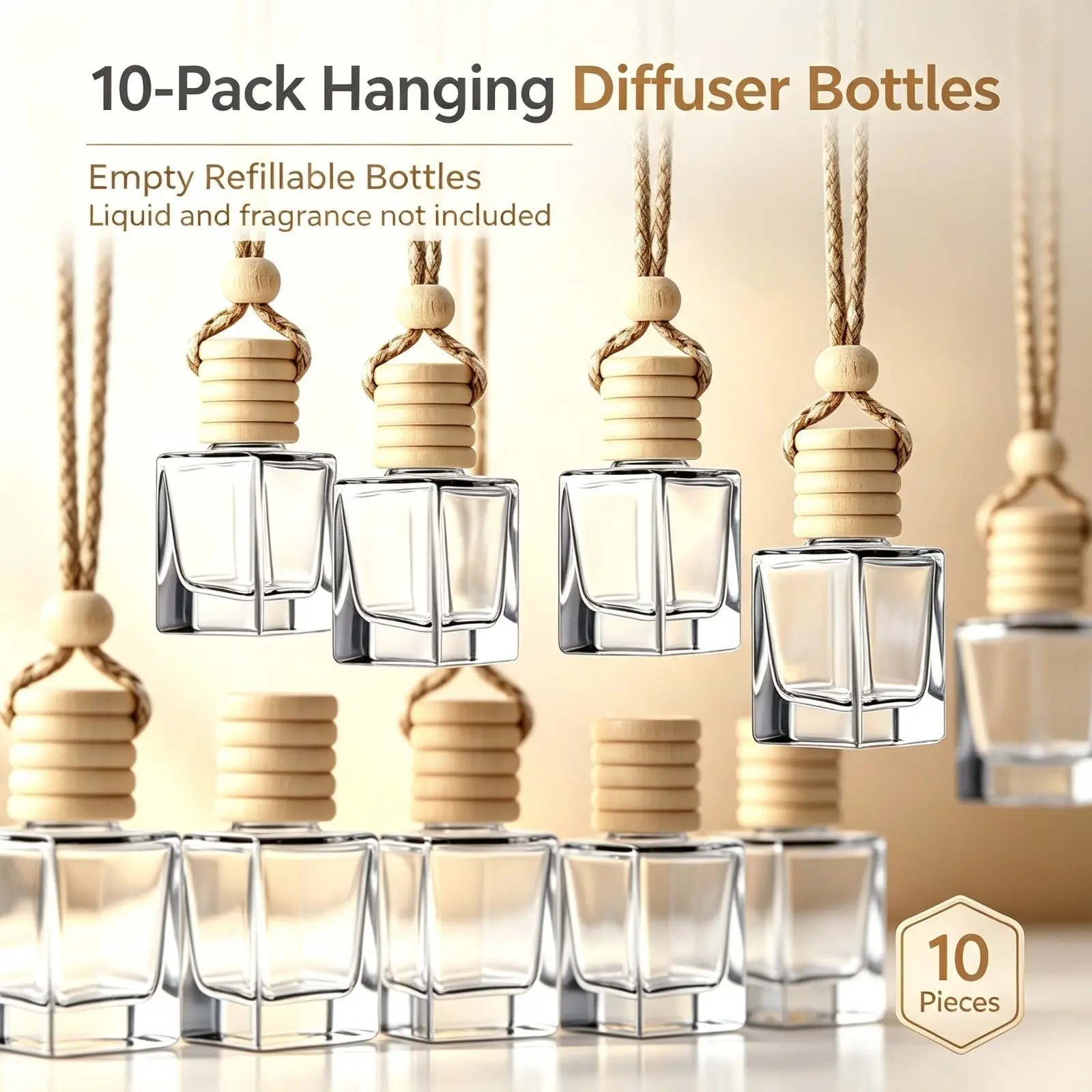 10 Pack Cube Clear Empty Glass Car Diffuser Bottles with Wooden Caps, Refillable Essential Oil Perfume Vials, Hanging Aroma Ornament Auto Air Freshener Containers Christmas, Thanksgiving Gift