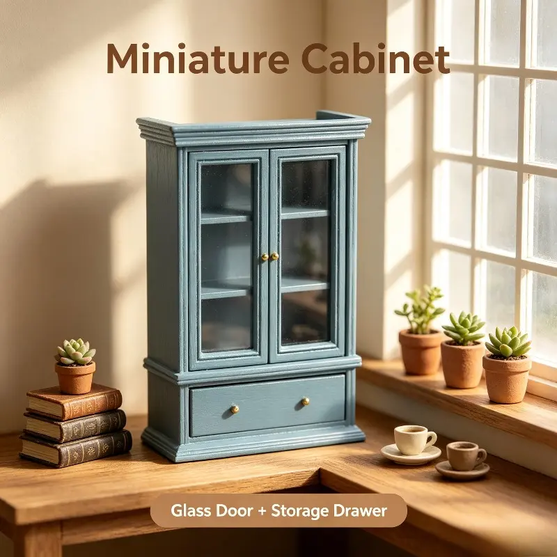 1:12 Miniature Dollhouse Doll Furniture OB11 Double Door Glass Display Cabinet Study Living Room Storage Realistic Model Photo Prop Christmas Easter New Year Gift