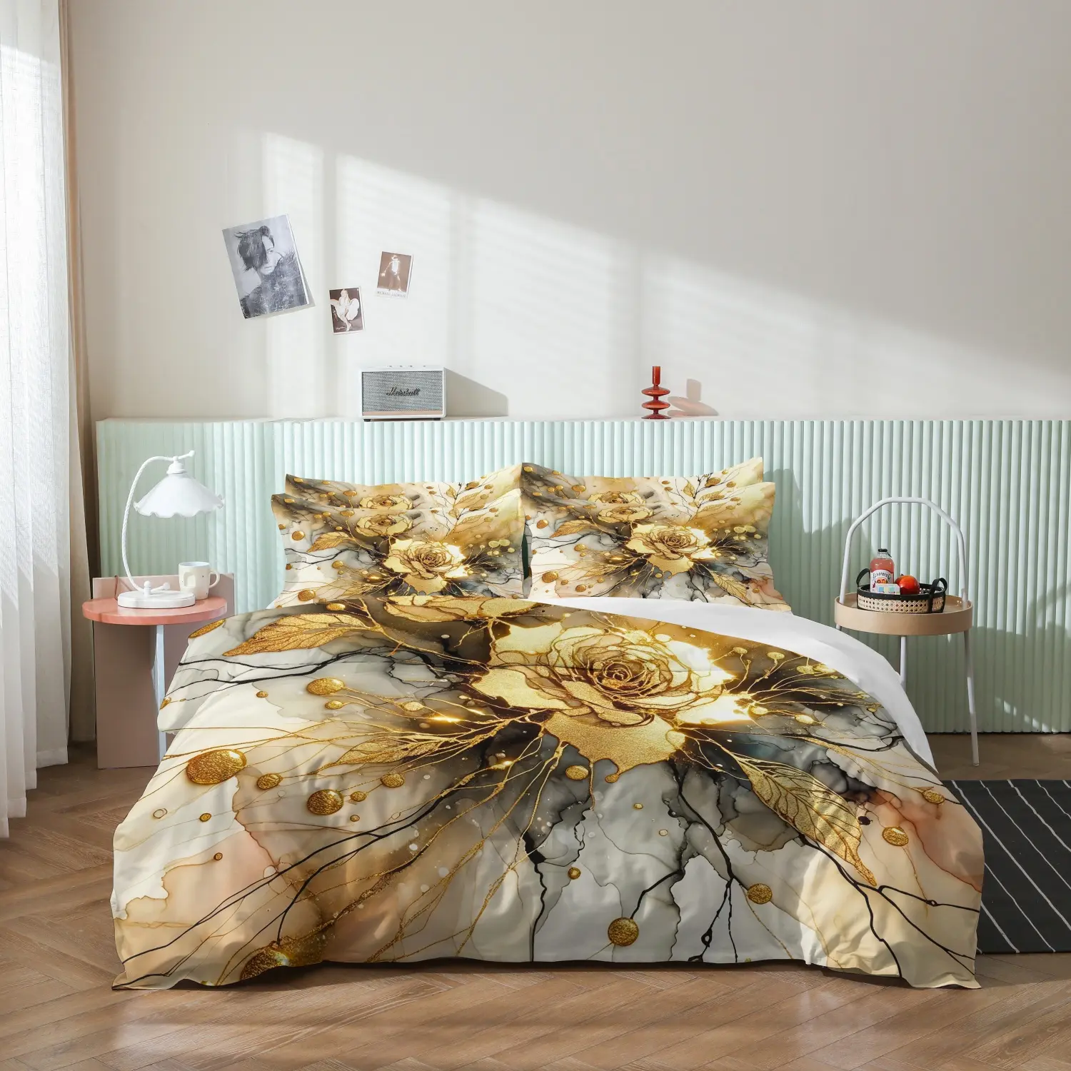 3Pcs Gold Marble Flower Duvet Cove Set, Elegant Wash Golden Rose Print Soft Floral Bedding Set, Kit for All Season Household Use, For Family Bedrooms Dormitories Hotels (1 Duvet Cover + 2 Pillowcases No Comforter No Pillow)