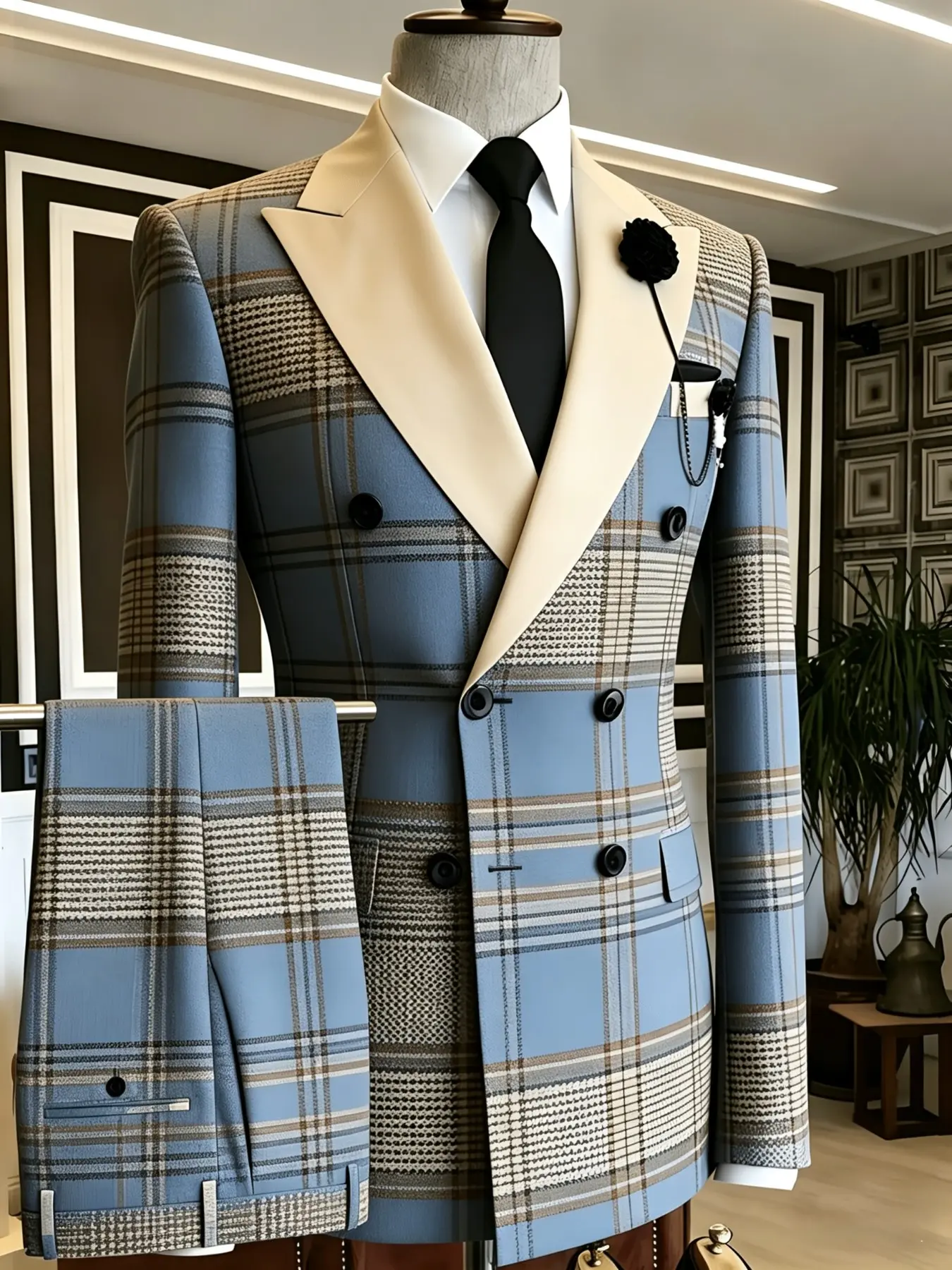 Ainwear Men's Blue Checkered Patchwork 2 Piece Suit, Double Breasted Blazer & Plaid Pants, Classic Casual Style for All Seasons, Ideal for Weddings & Parties