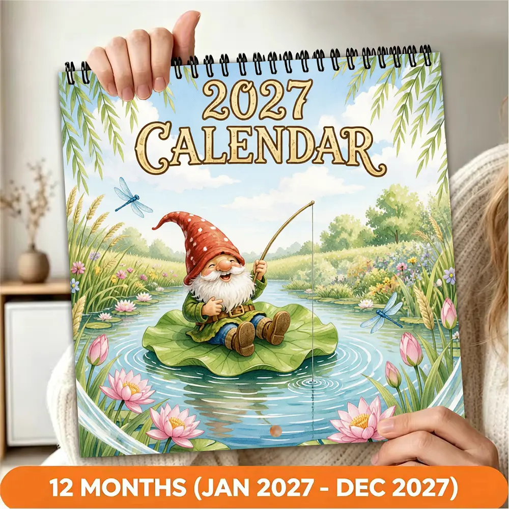 2027 Wall Calendar 12 Months Gnome Fishing Nature Art Home Decor Perfect Gift