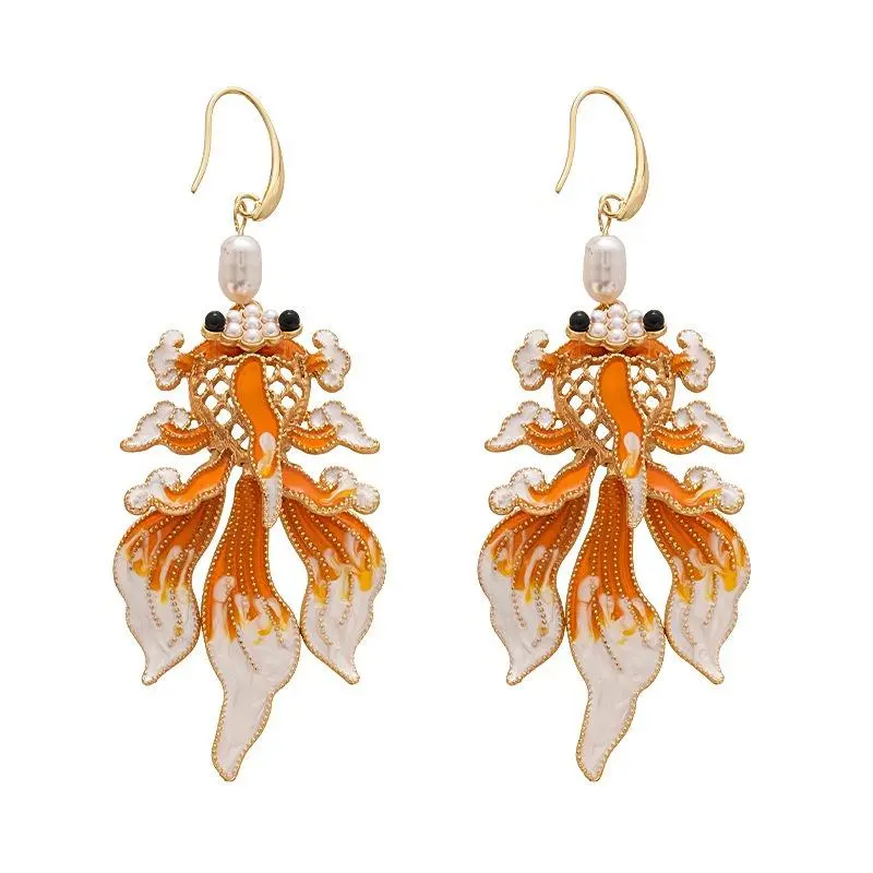 Women's Elegant Animal Koi Fish Statement Earrings - Hollow Detailing Layered Fin Drop Style, Artificial Pearl Accents, Gold Alloy Metal Costume Jewelry for Dress Matching, Birthday Occasions, Holiday, Secure Hooks, Female