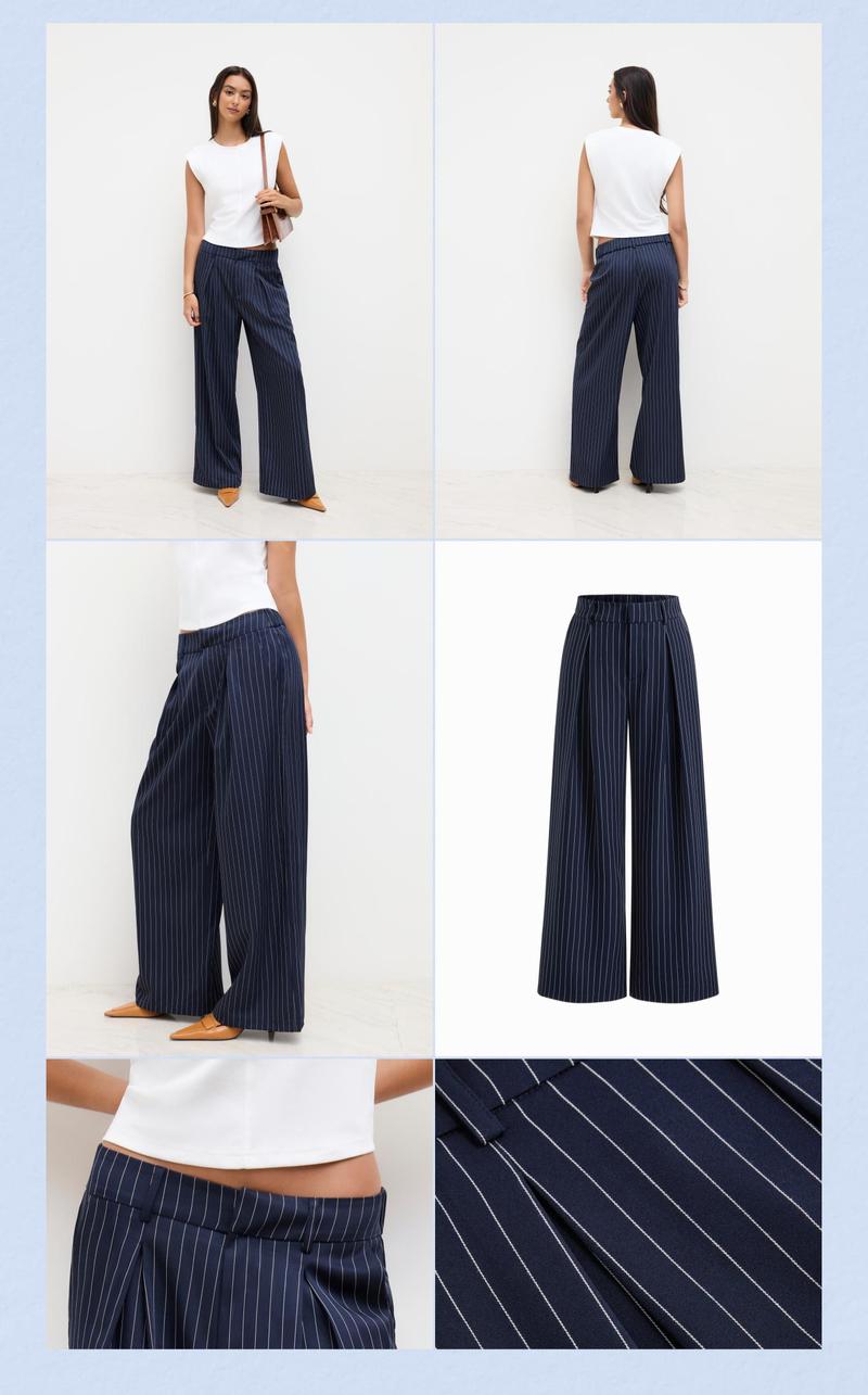 Cider Mid Rise Stripe Pleated Wide Leg Trousers