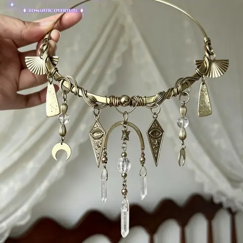 Handmade Brass Crystal Choker Necklace, Vintage Desert Aesthetic with Moon, Star, and Eye Charms, Clear Quartz and Tassel Details, Boho Wasteland Style, Unique Statement Piece for Festivals and Cosplay, Choker Jewelry